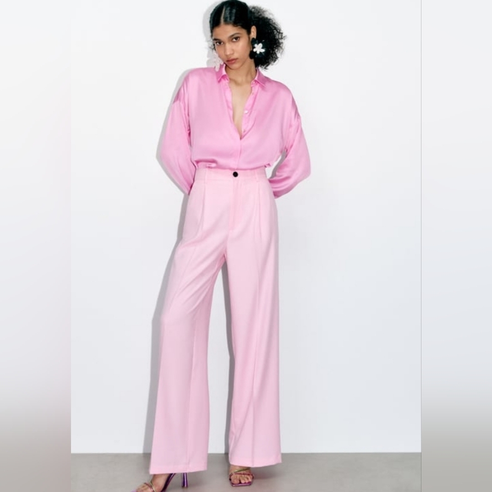 New Zara Pink High Waist Wide Leg Elegant Pants